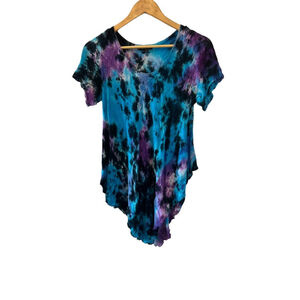 PAPA Blue & Purple Tie Dye Scoop Neck Short Sleeve Casual Top S